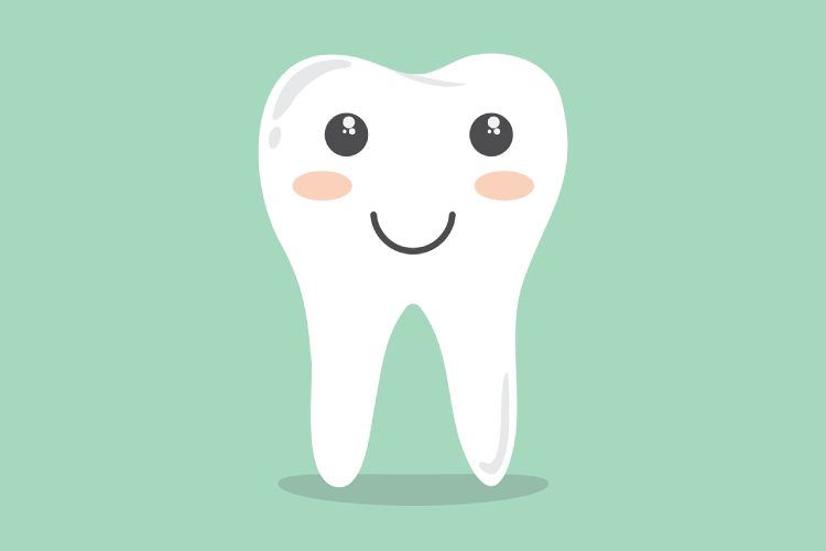 Drawing of a smiling tooth against a mint green background